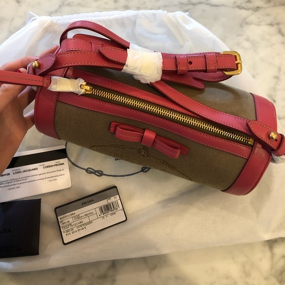 Prada Pink Logo Jacquard Barrel Purse - Picture 2 of 6